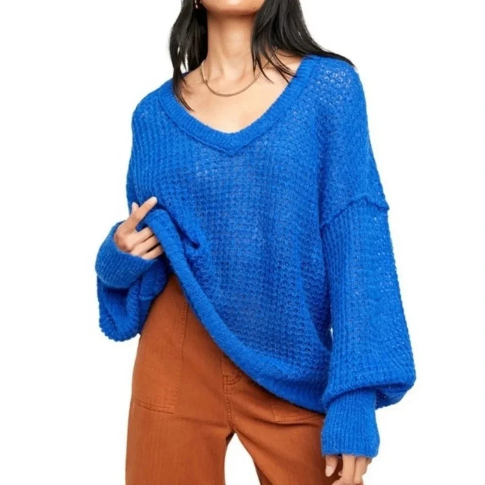 New Free People Lulu Blue Open Knit Tunic Sweater M